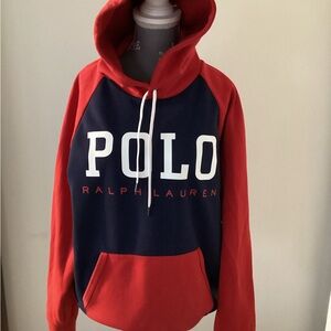 Ralph Lauren Men's Colour-block Red and Navy Hoodie. Size Medium